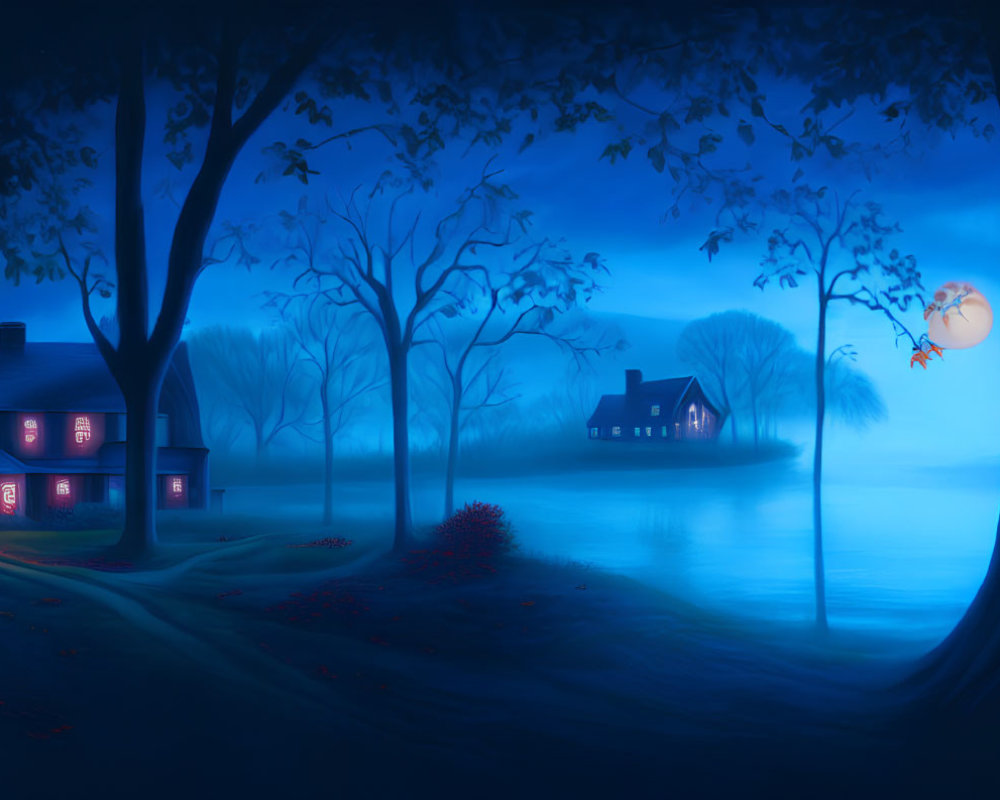 Night scene with illuminated houses, misty ambiance, and full moon.