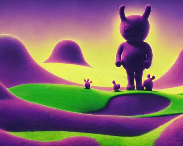 Surreal landscape with large horned character and smaller figures on vibrant hills