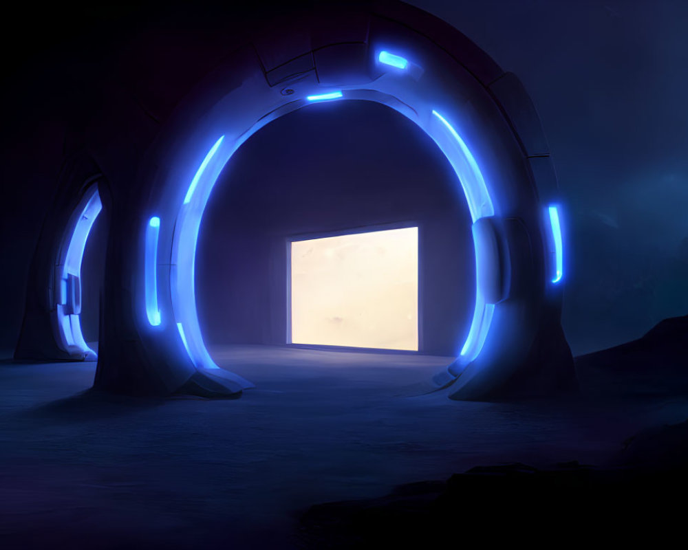 Futuristic tunnel with blue lights and glowing portal