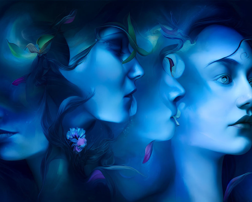 Surreal digital painting: Three female faces in profile with blue palette & ethereal leaves