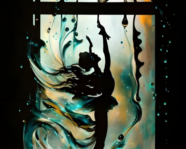 Silhouette of dancer with dynamic blue and white paint splashes