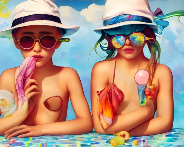 Stylized individuals in colorful sunglasses and white hats eating sweets under surreal blue sky