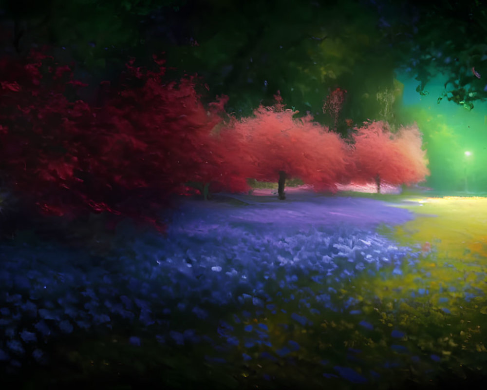 Vivid Red and Purple Trees in Dreamy Landscape