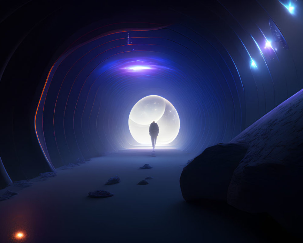 Futuristic tunnel with solitary figure and glowing orb