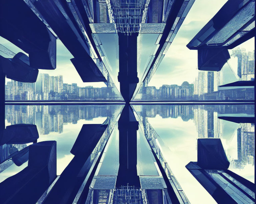 Urban skyline with towering skyscrapers in symmetrical pattern against blue sky