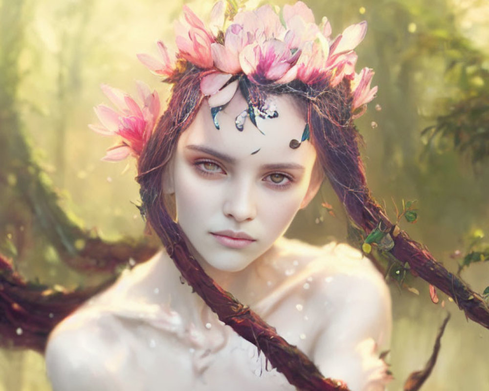 Portrait of woman with pink flowers in hair in mystical forest setting