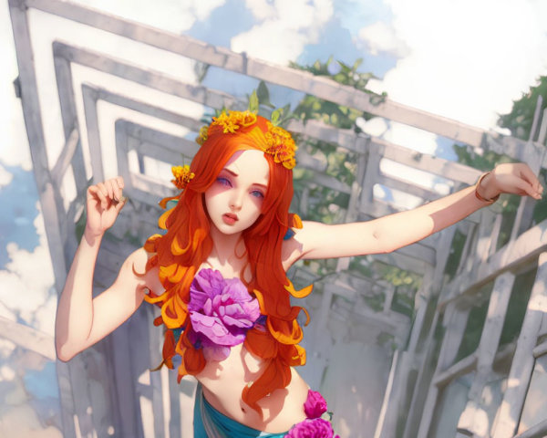 Illustration of Woman with Red Hair and Flowers in Dreamy Sky