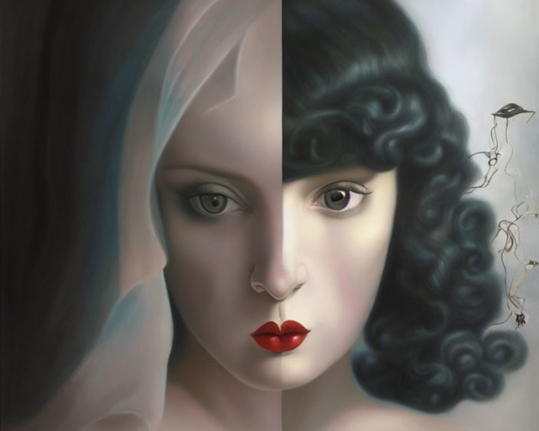 Surreal split portrait: grayscale side-profile meets colorful front view with bold lips.