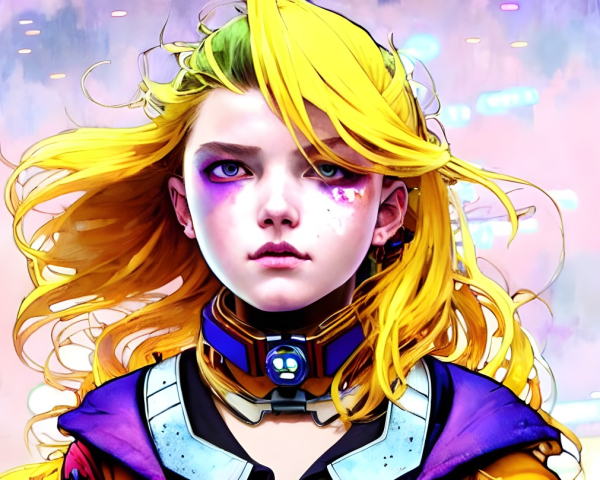 Young girl with yellow hair and purple smudges in futuristic armor with blue emblem.