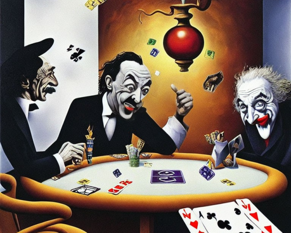 Exaggerated caricature figures playing poker with flying cards and money