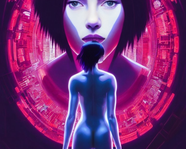 Digital Art: Pale-skinned Female Figure in Neon-lit Sci-fi Setting