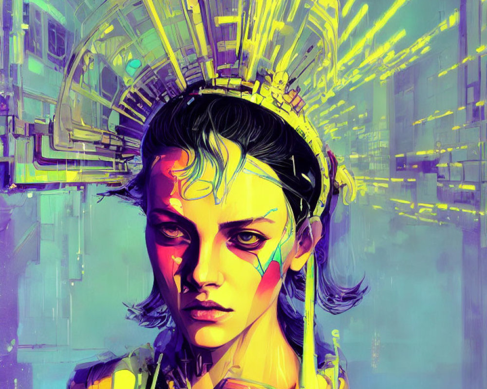 Colorful digital artwork of woman with futuristic glowing headdress