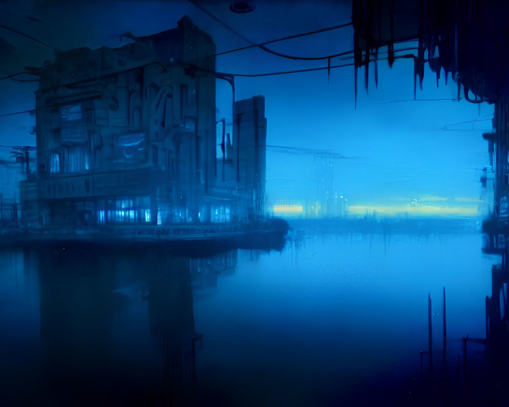 Blue-hued dystopian landscape with dilapidated buildings and still water under a haze-filled sky