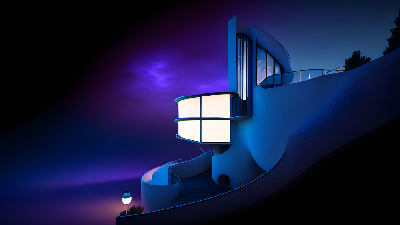 Curved Modern Building with Illuminated Windows in Twilight Sky