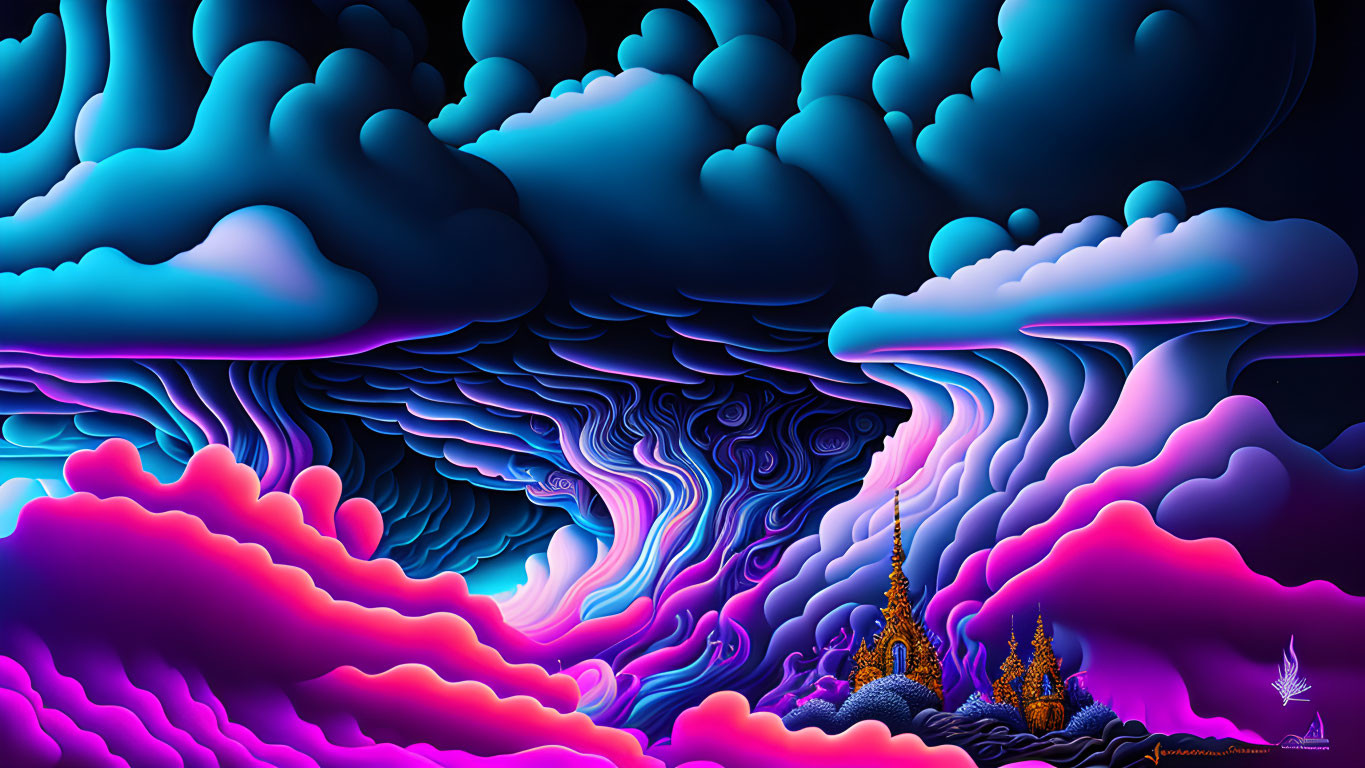 Psychedelic blue and purple clouds over surreal landscape