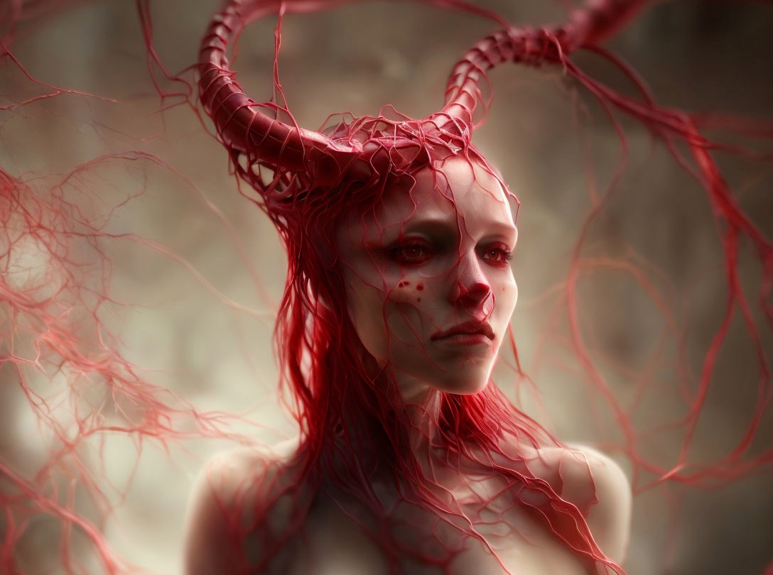 Red-Hued Horned Creature Surrounded by Vein-Like Tendrils