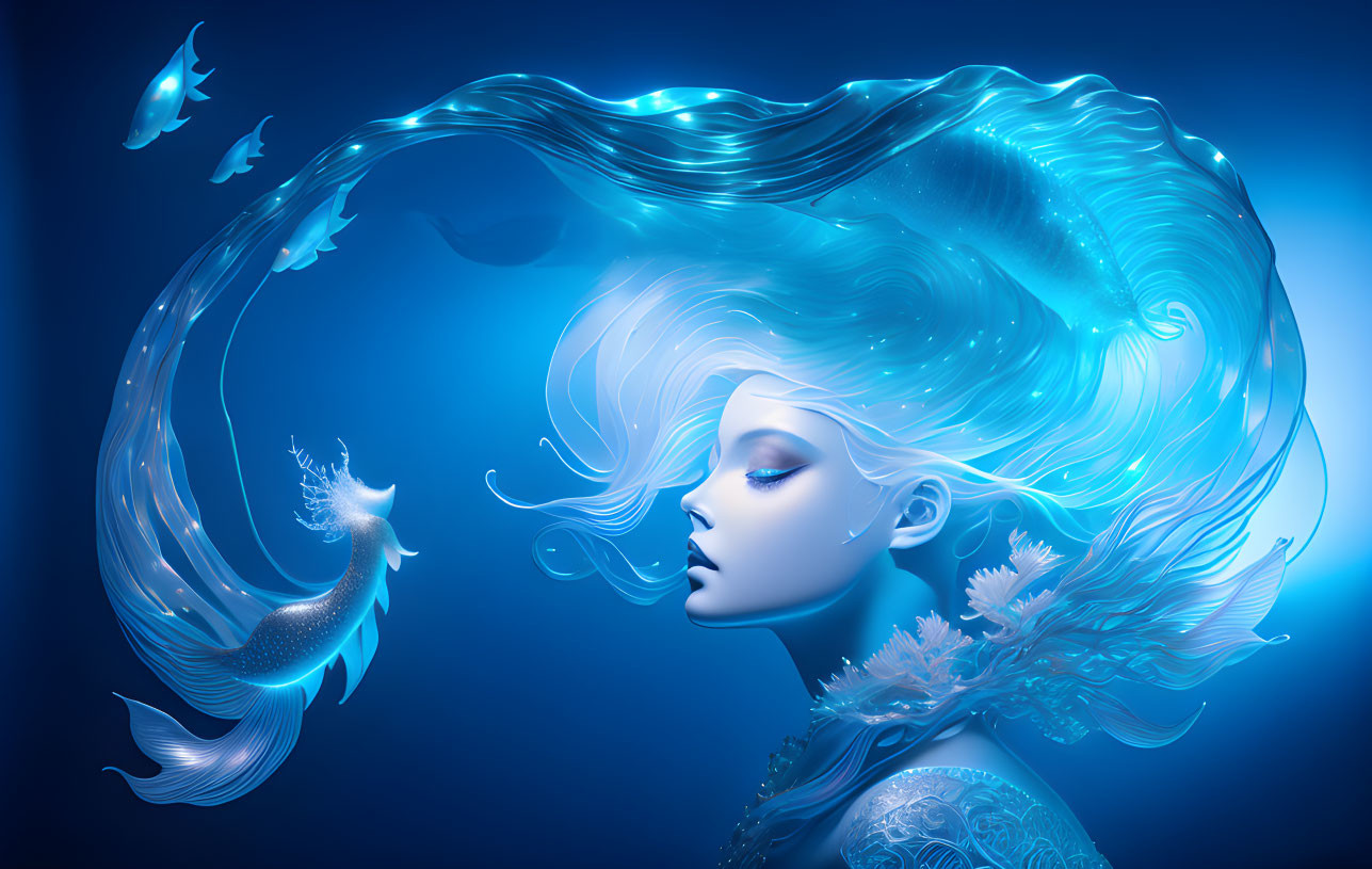 Surreal artwork: Woman with flowing blue hair and fish in ocean-themed setting