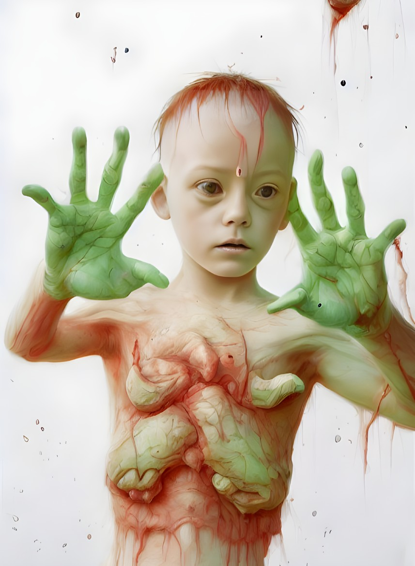 Child with Green Hands and Paint Splatters on White Background