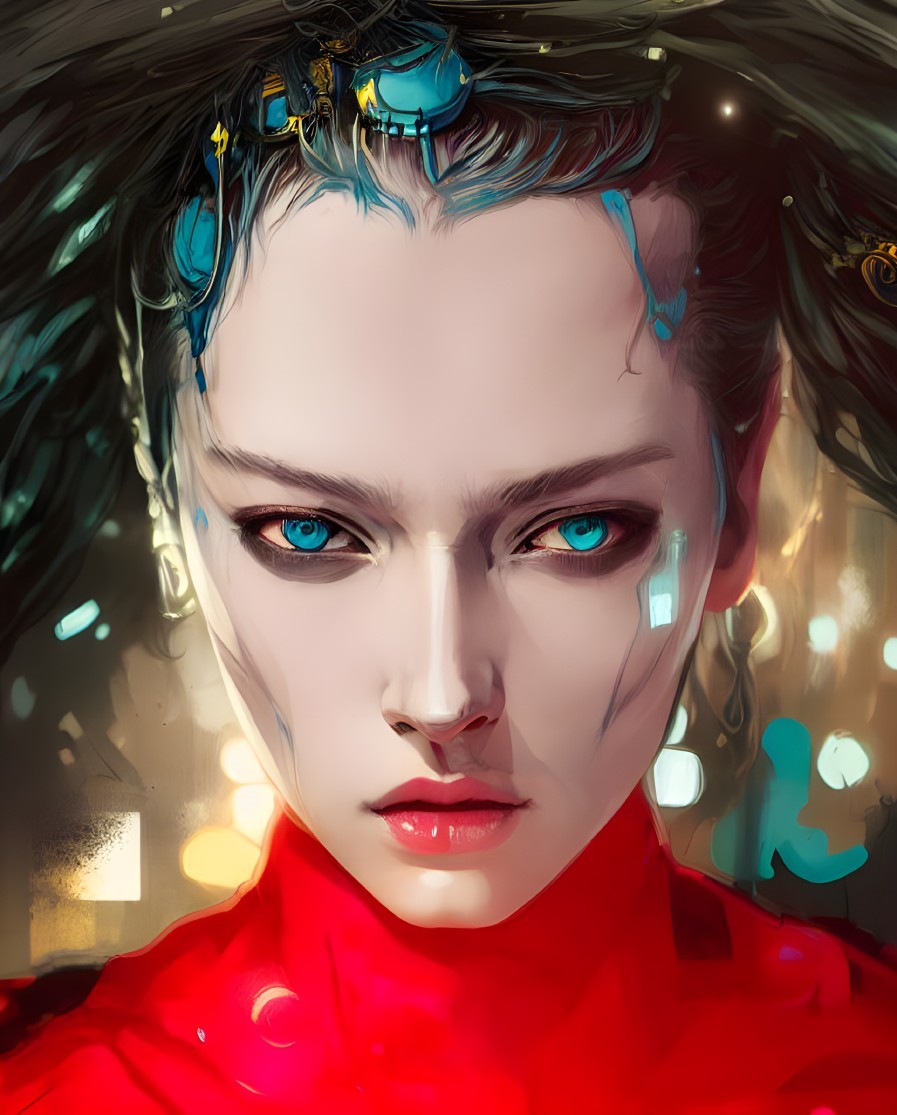 Digital artwork featuring person with blue eyes and cybernetic head enhancements against warm lights