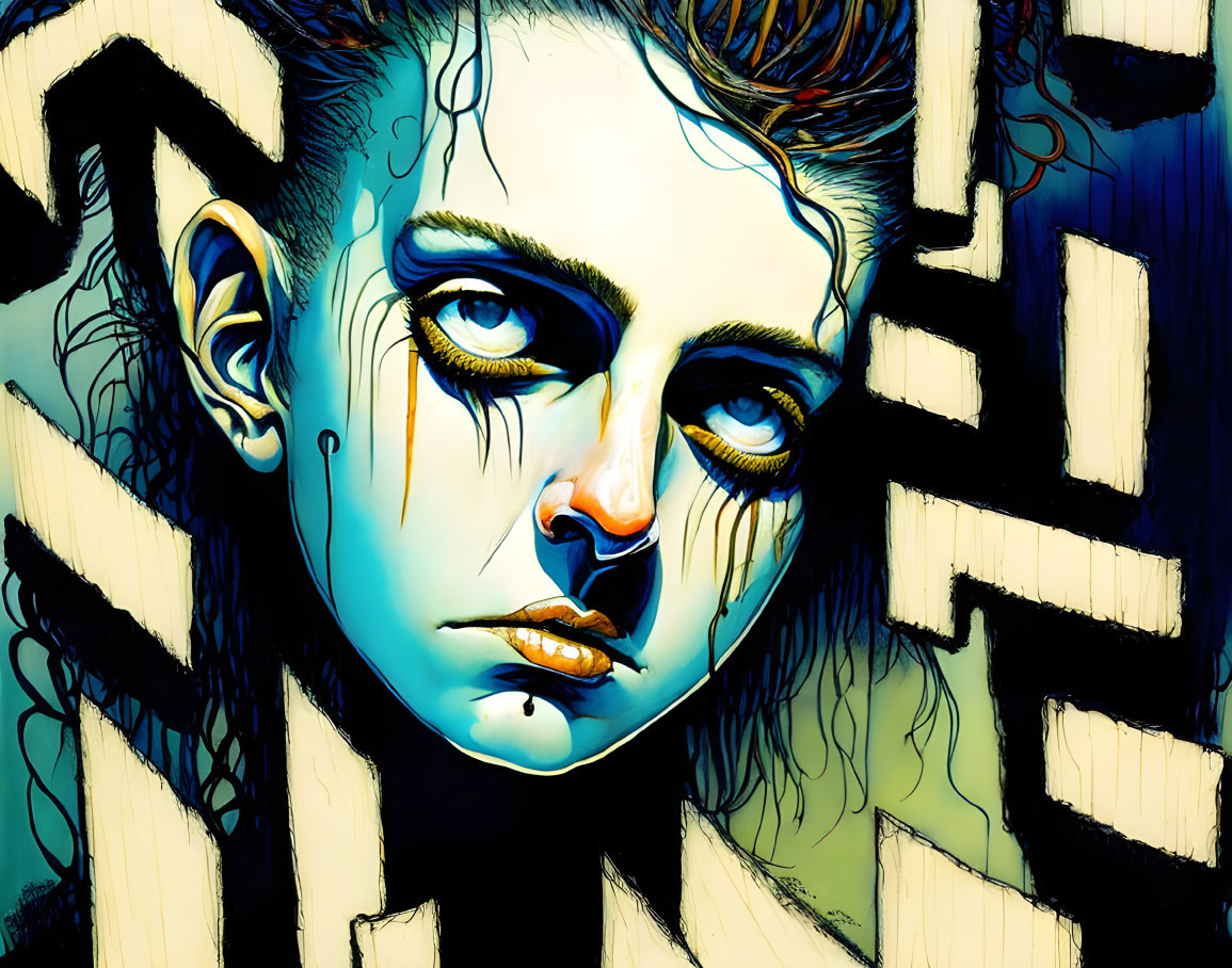 Blue-skinned person's face digital painting with bold eyes and black patterns