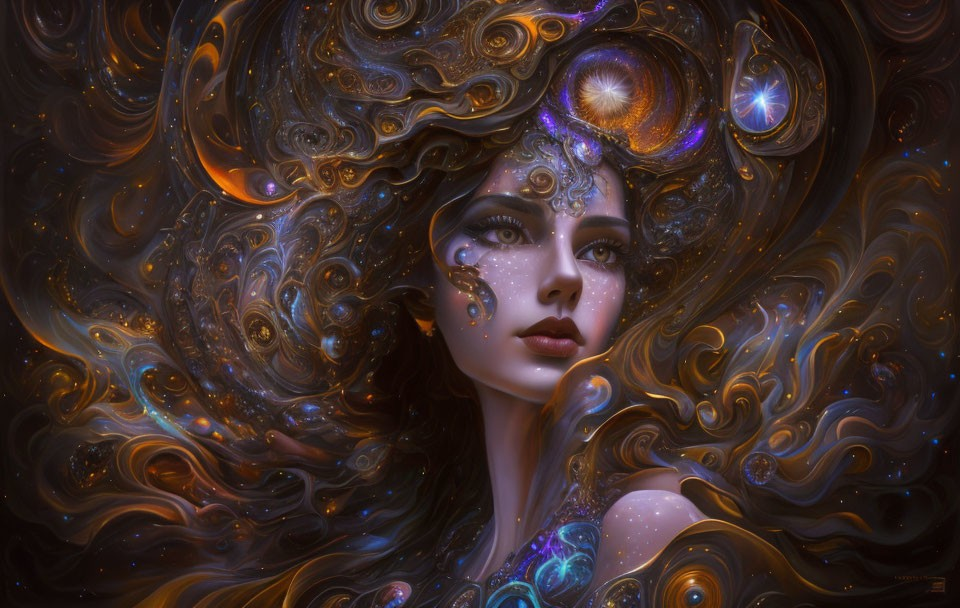 Cosmic-themed fantasy portrait with swirling hair of stars and galaxies