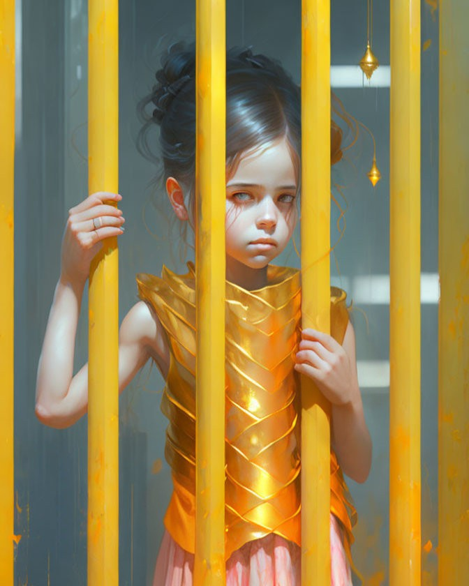 Young girl in golden top and pink skirt behind yellow cage-like bars