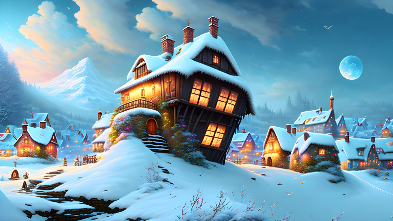 Snow-covered winter village at dusk with cozy lit houses, full moon, and mountain.