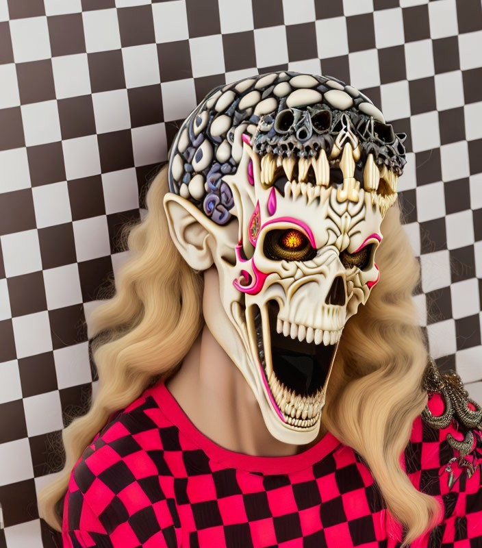 Skull mask with golden teeth and blond hair on checkered background