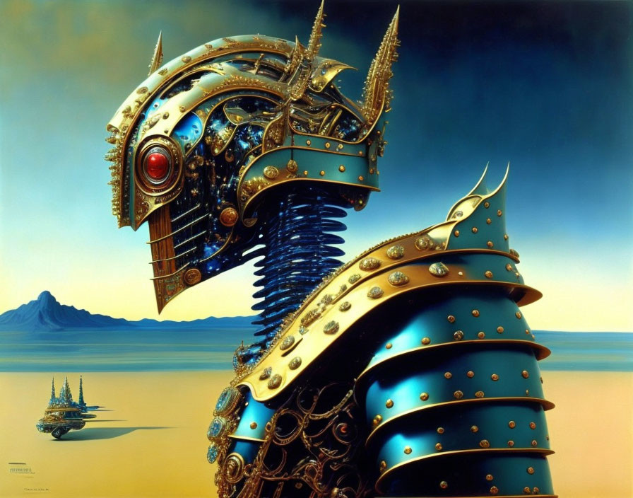 Detailed painting of mechanical being in gold and blue armor by the sea.