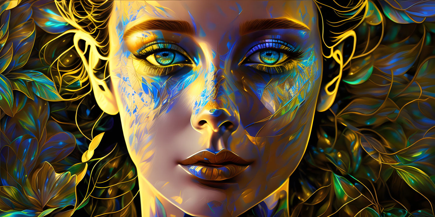 Vibrant digital art portrait of a woman with blue and gold face paint against golden leaf backdrop