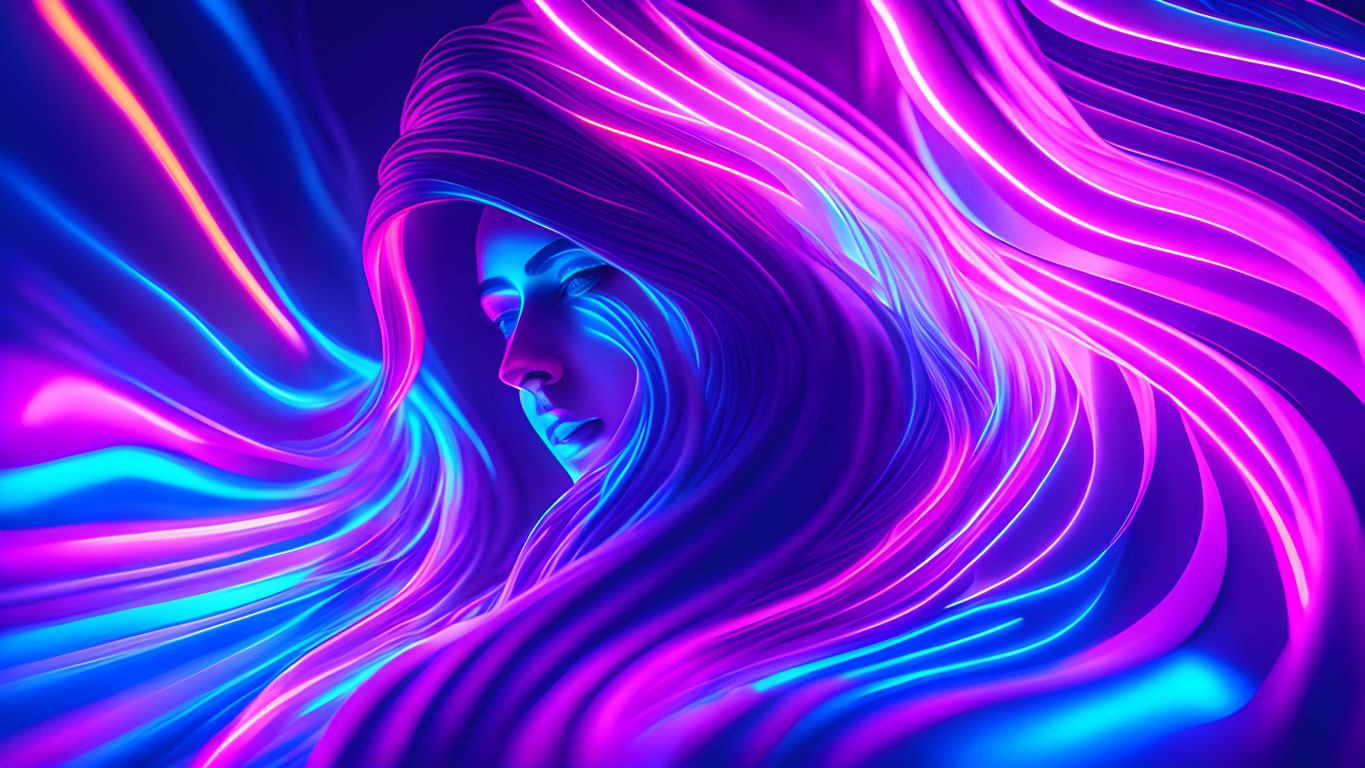 Digital artwork: Woman's profile with neon-lit hair in pink, blue, and purple