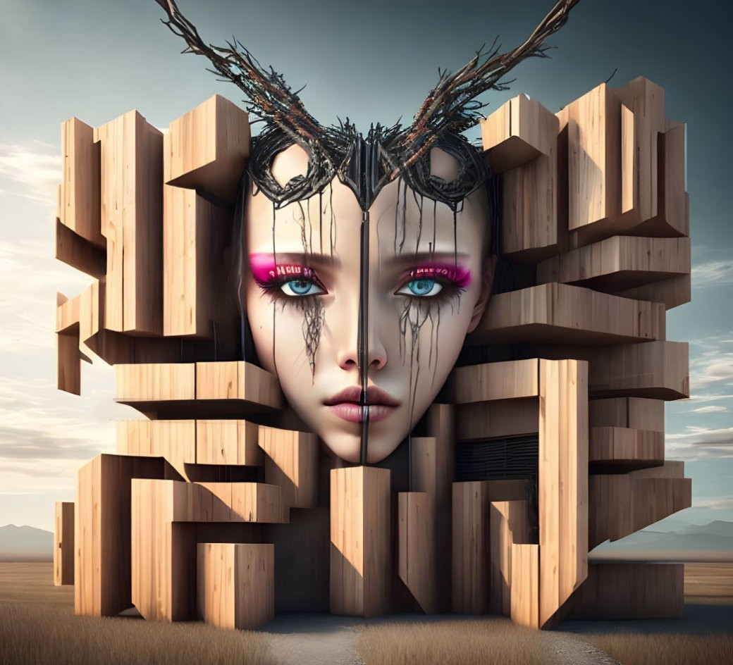 Fragmented face sculpture with vibrant eyes in surreal wooden structure.