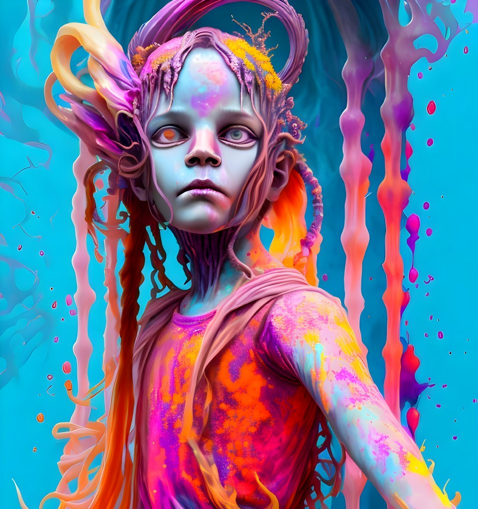 Vivid digital artwork of girl with blue skin and colorful hair in surreal backdrop