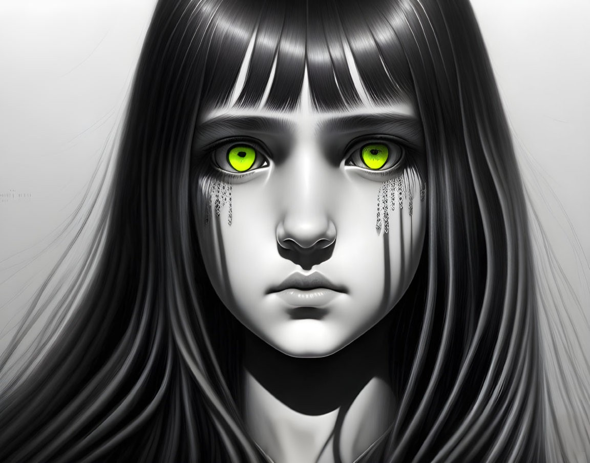 Monochrome portrait of a girl with green eyes and teardrop markings, black hair.