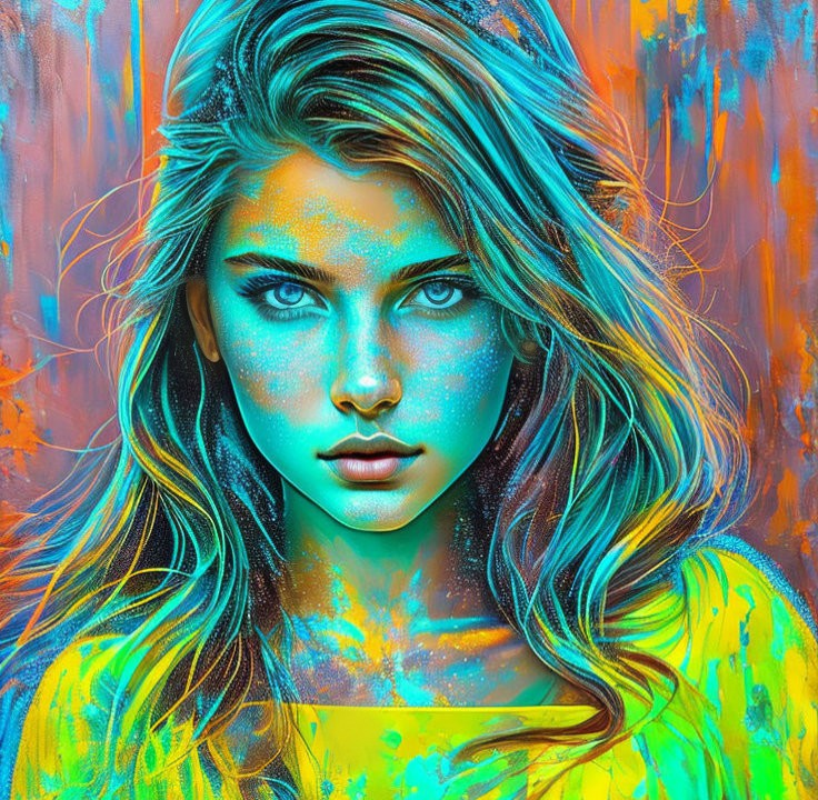 Vibrant digital portrait of a woman with striking blue eyes and neon paint splashes