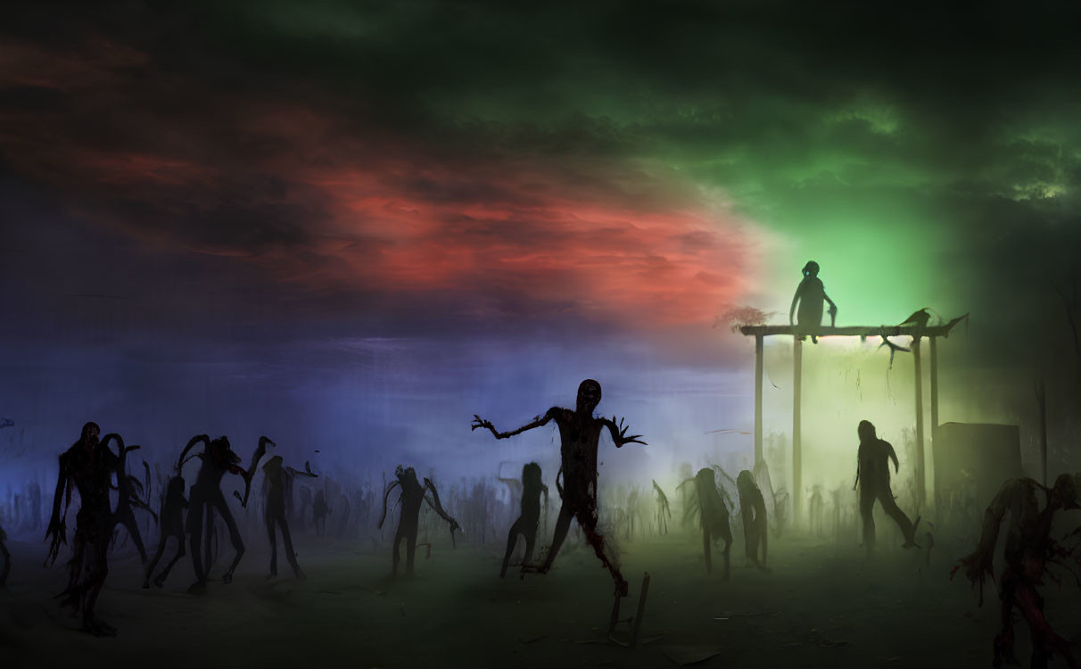 Post-apocalyptic scene with silhouetted zombies under dark sky - lone figure on platform