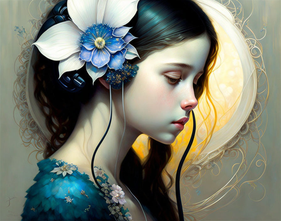 Stylized portrait of girl with floral motif and headphones in blue dress