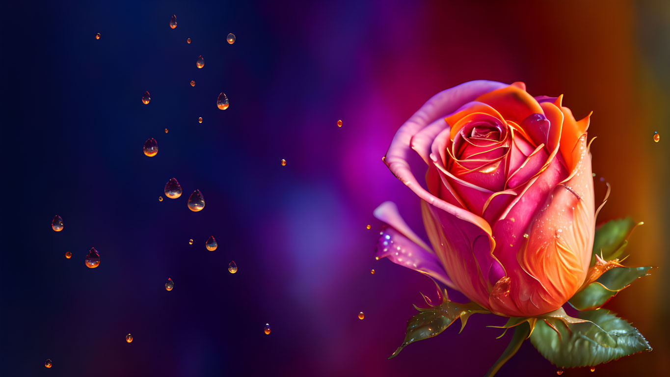 Vibrant orange rose with water droplets on blurred background