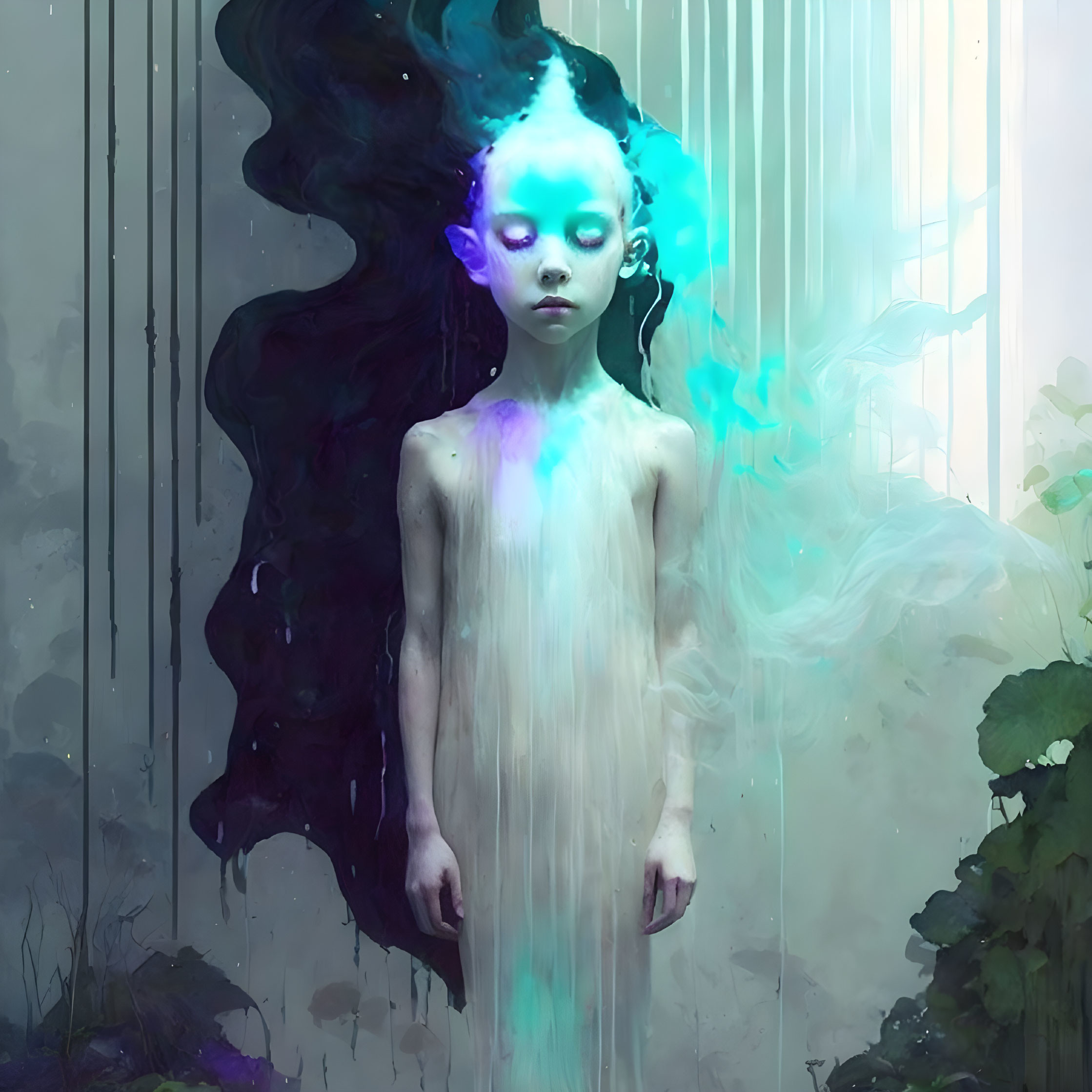 Ethereal child digital artwork with glowing blue and violet patches