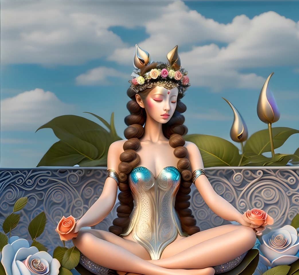 Meditating fantasy figure with floral crown in serene setting