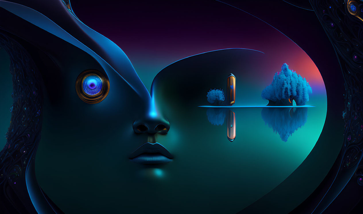 Surreal artwork: Woman's face merges with nighttime landscape