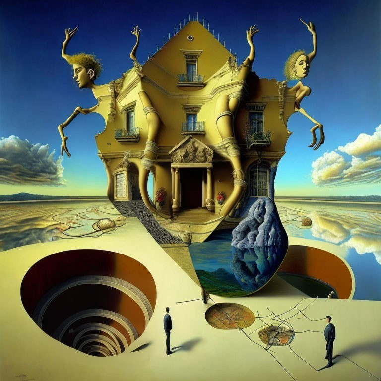 Surreal painting: Yellow building with dancing arms, shadowed man, stone egg, spiral stairs