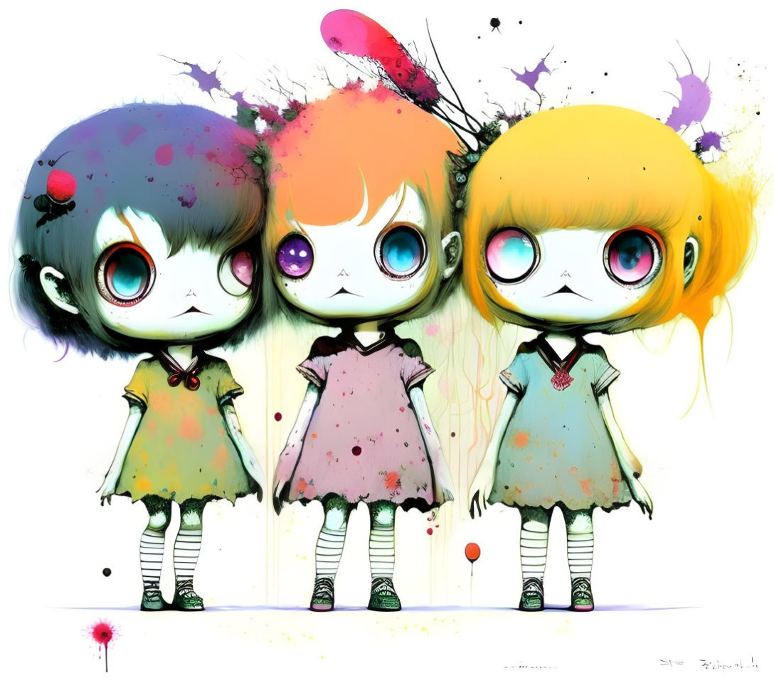 Colorful cartoon girls with oversized eyes and splattered backgrounds.