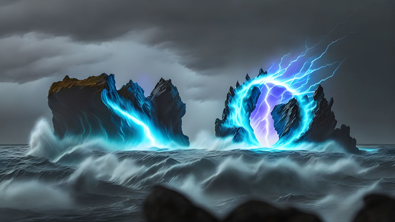 Dramatic seascape with electrified blue waves and stormy sky