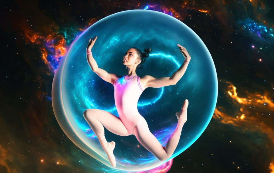 Elegant dancer pose in cosmic sphere with vibrant nebula backdrop