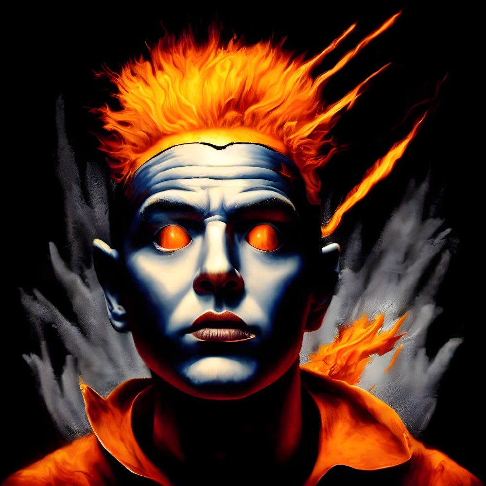 Vivid portrait of person with fiery orange hair, blue face, and dark eyes on black background