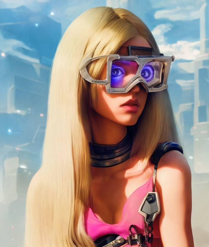 Blonde female in futuristic outfit with purple goggles