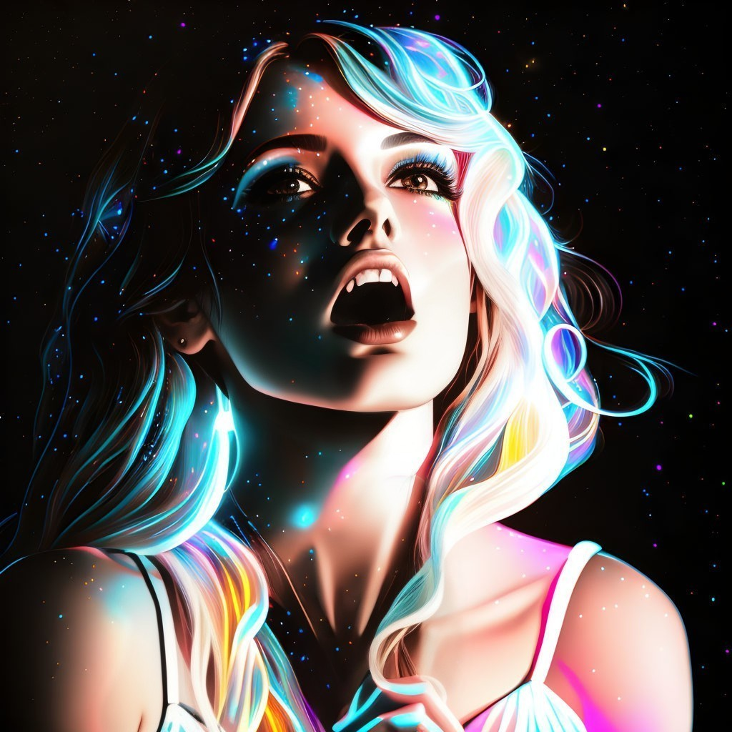 Cosmic-themed digital artwork of a glowing woman against starry background