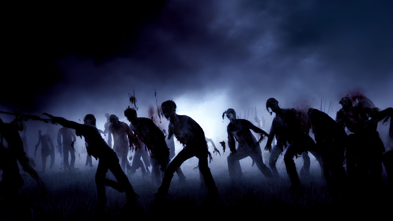 Menacing zombie silhouettes under dark sky