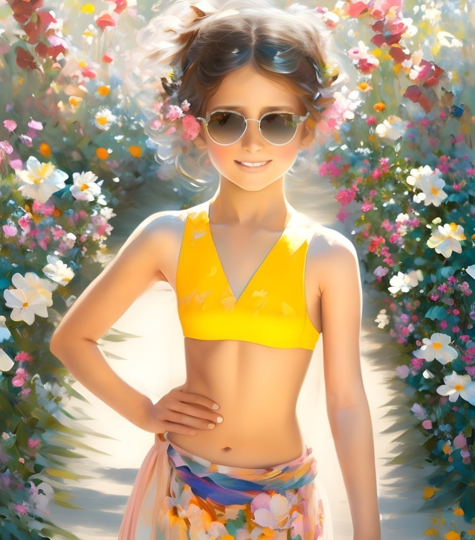 Young girl in sunglasses surrounded by vibrant floral backdrop and wearing yellow top and floral skirt.